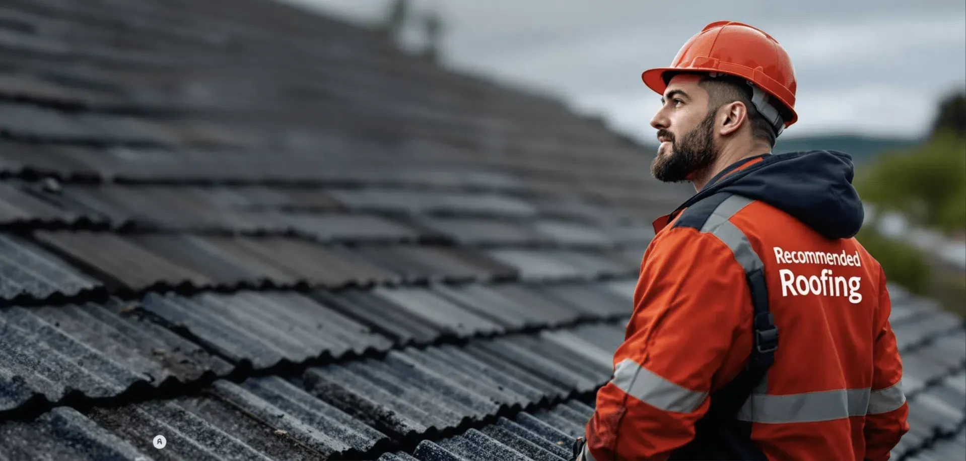 Recommended crew member in a red hard hat and hi-vis jacket looking across a roof